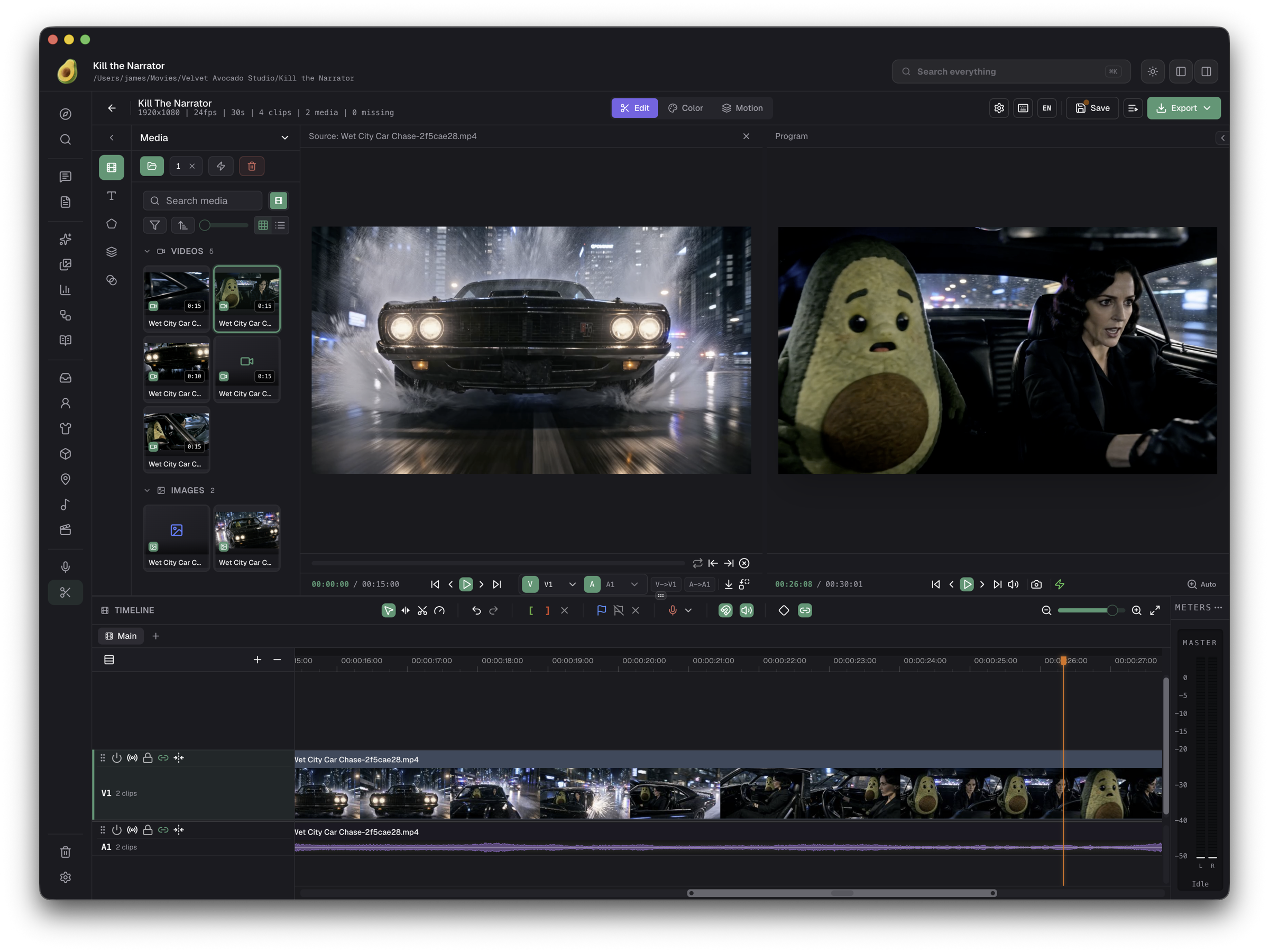 Velvet Avocado video editor and timeline in dark mode