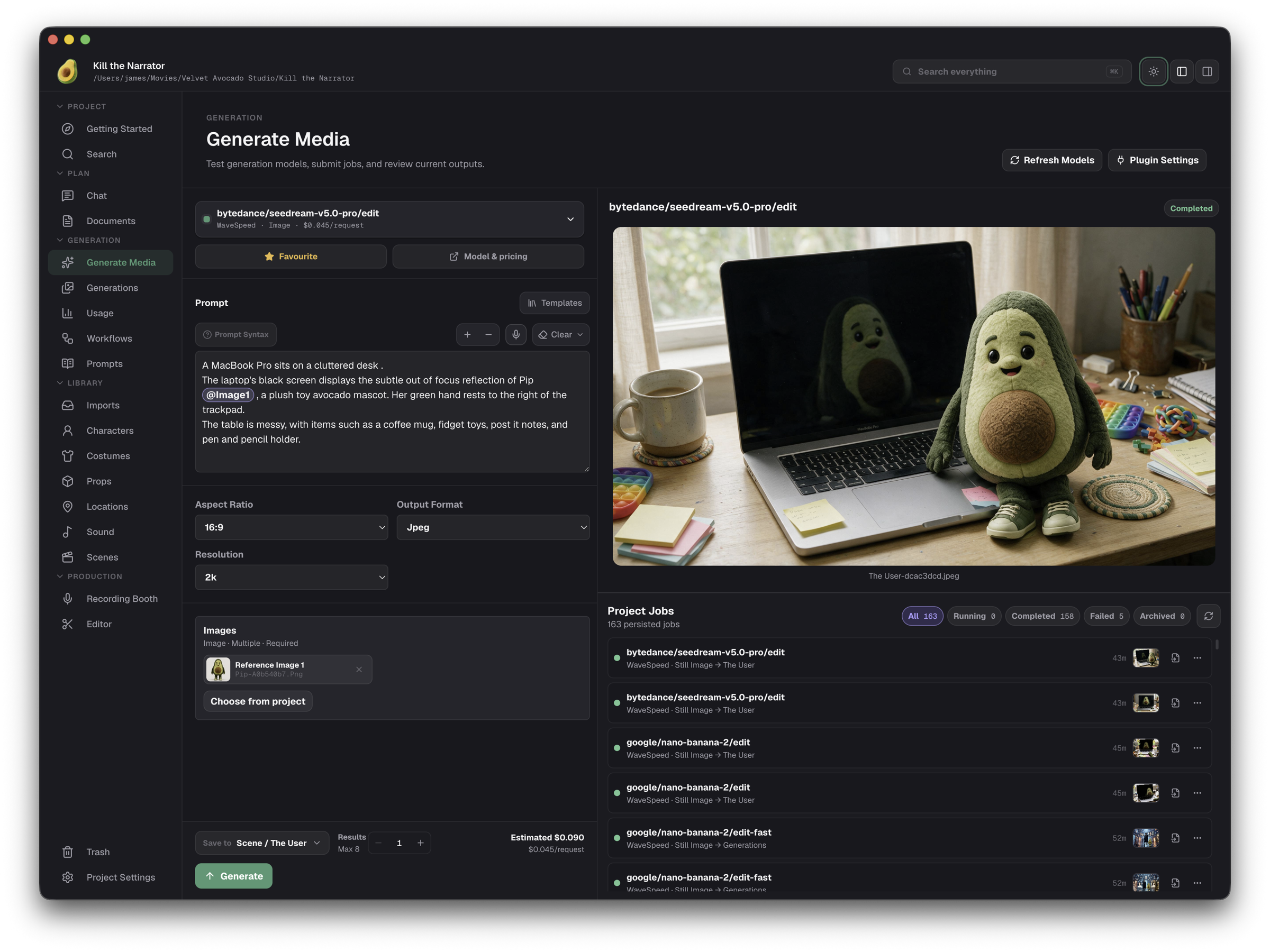 Velvet Avocado Generate Media workspace in dark mode