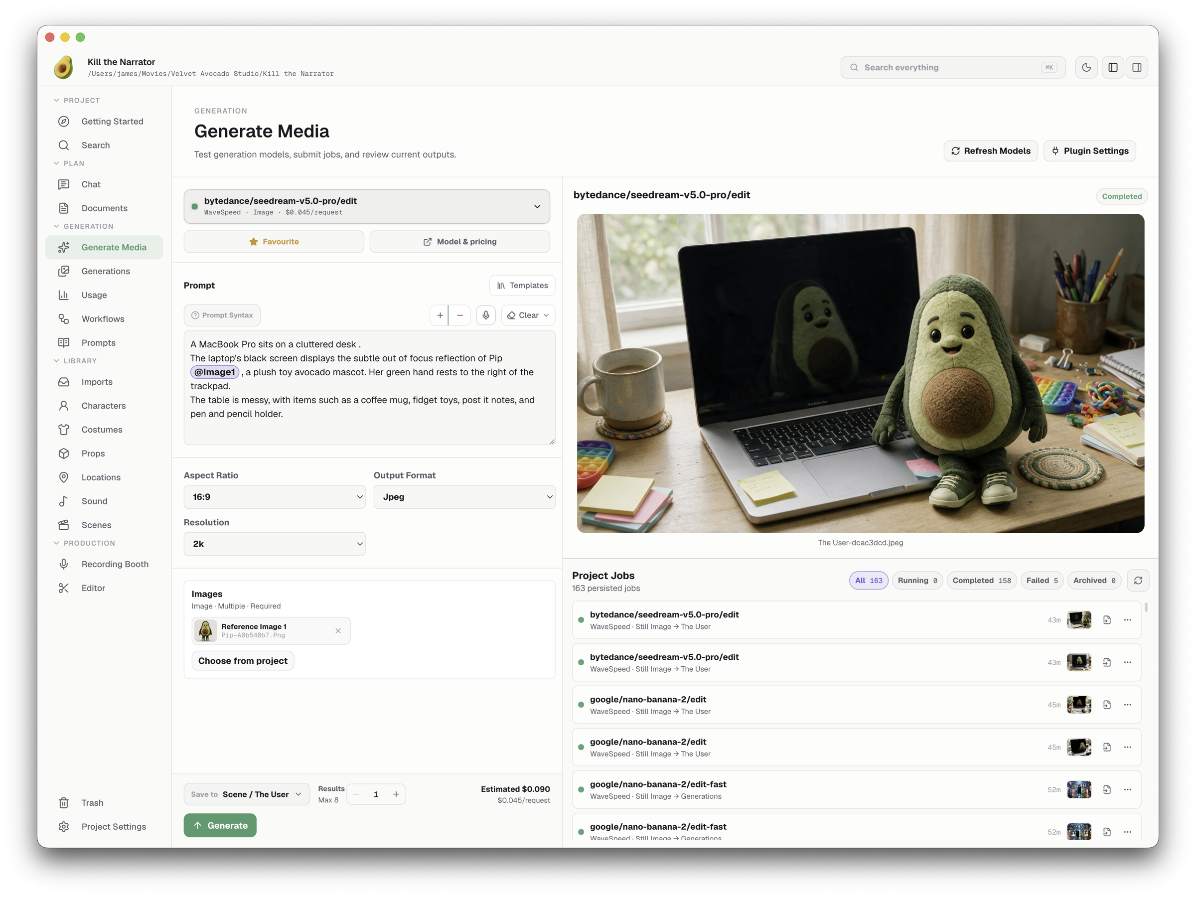 Velvet Avocado Generate Media workspace in light mode