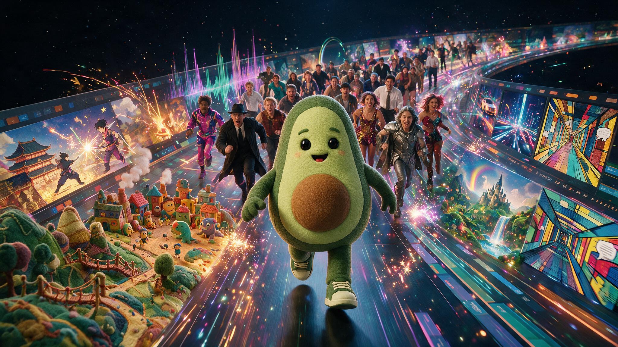The Velvet Avocado mascot running through connected cinematic, animated, illustrated and fantasy worlds