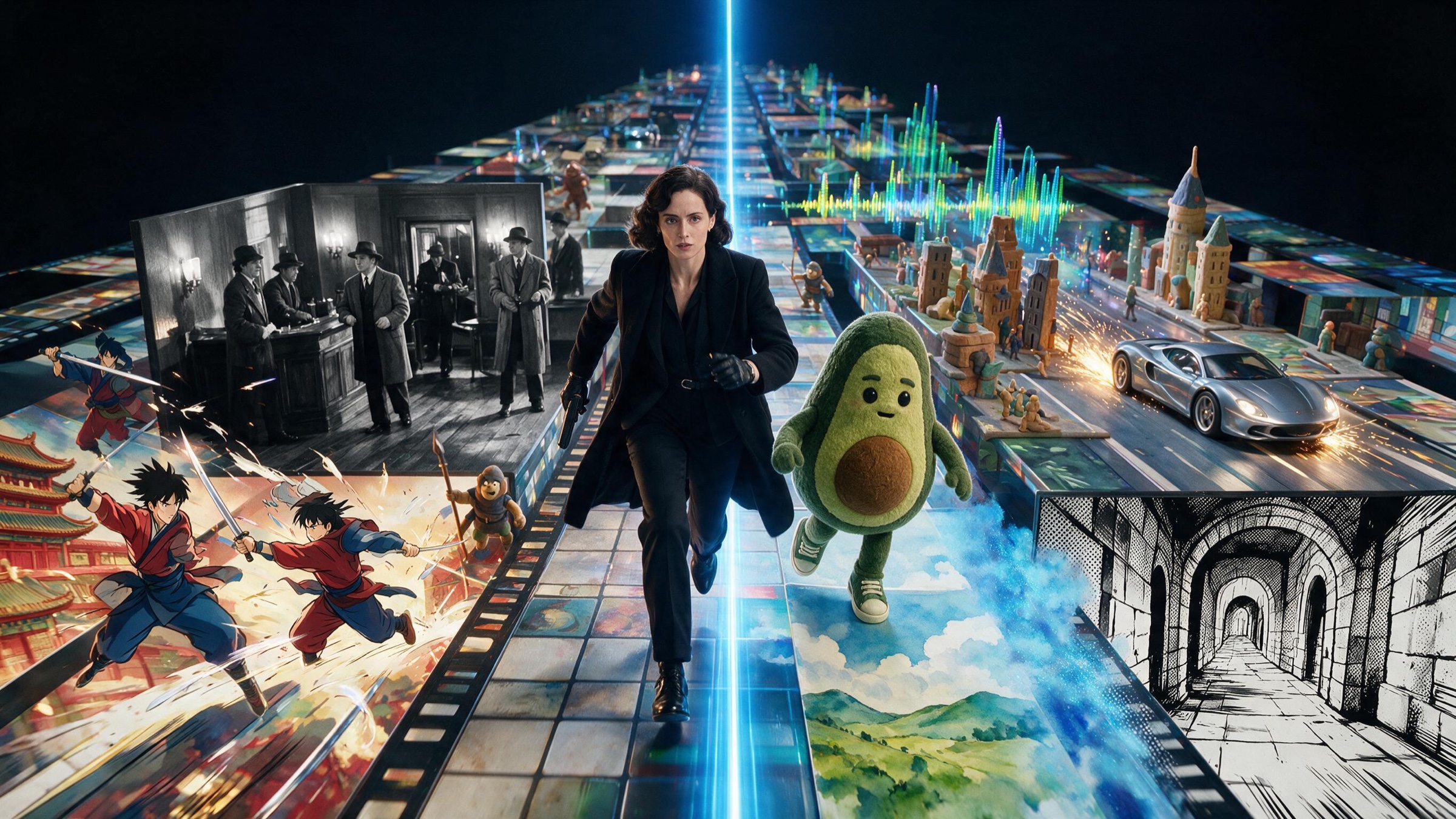 A filmmaker and the Velvet Avocado mascot moving through connected cinematic, animated and illustrated worlds