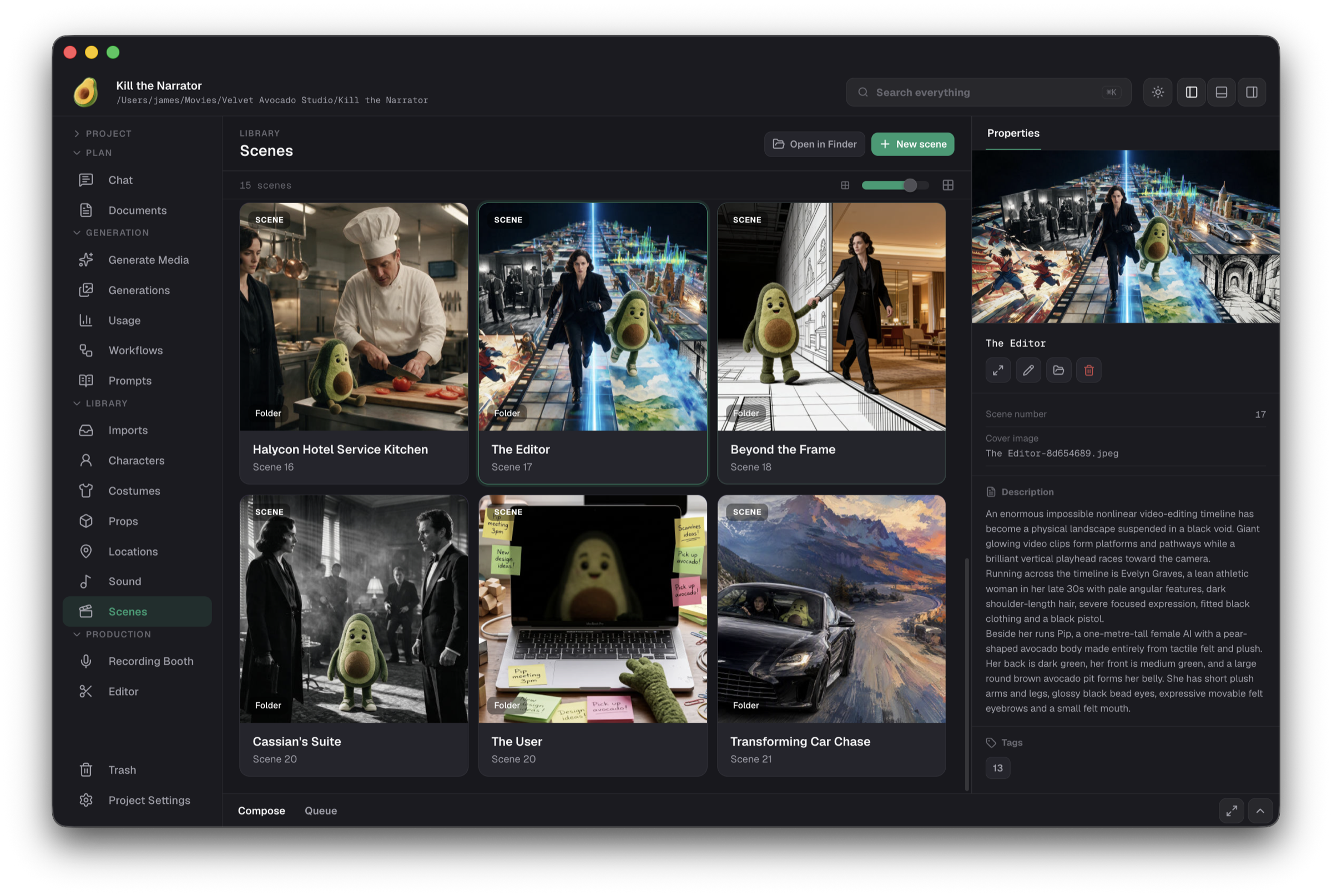 Velvet Avocado Scenes grid showing a populated film project in dark mode